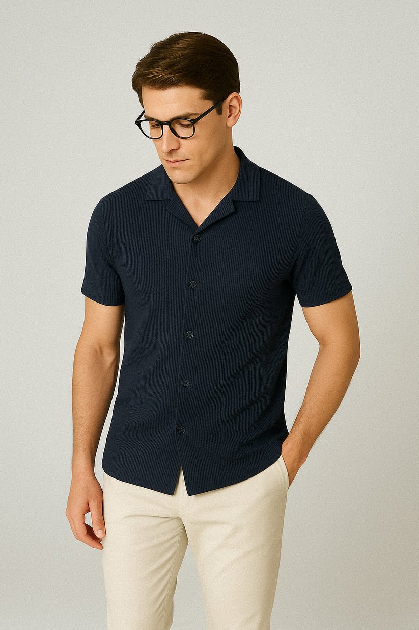STYLOPHY - Cuban Collar Waffle Knitted Shirt - Navy Blue