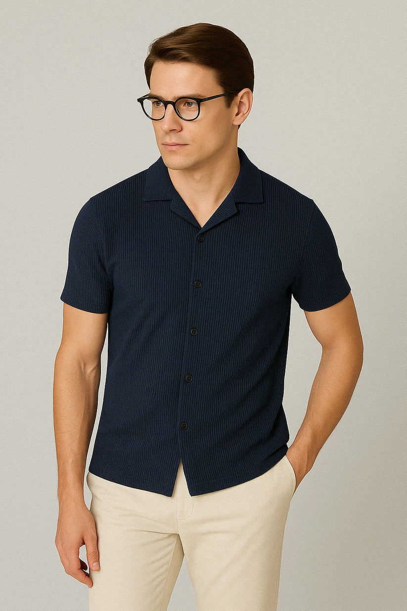 STYLOPHY - Cuban Collar Waffle Knitted Shirt - Navy Blue