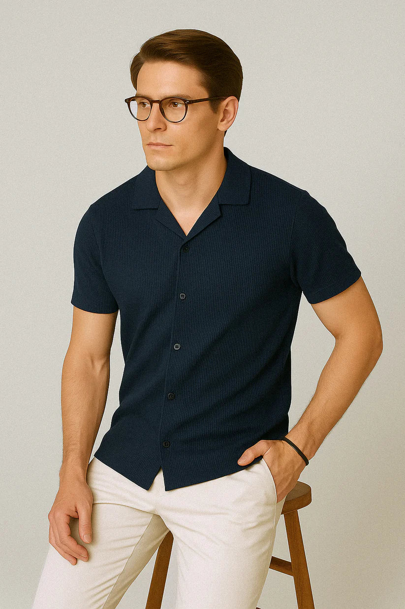 STYLOPHY - Cuban Collar Waffle Knitted Shirt - Navy Blue