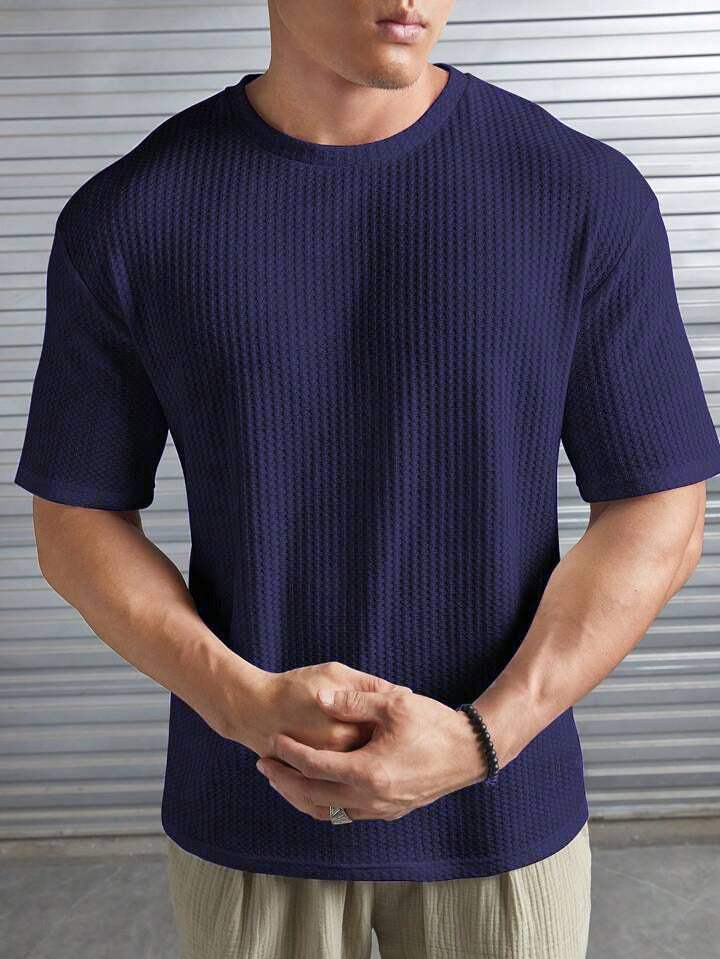 STYLOPHY - Oversized Waffle Knit Tee For Men - Navy Blue