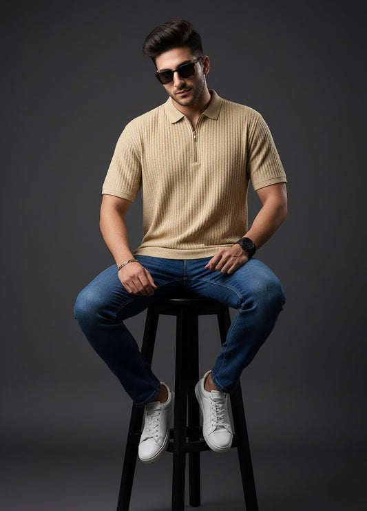 stylophy - Waffle Knitted Zipper Polo - Beige