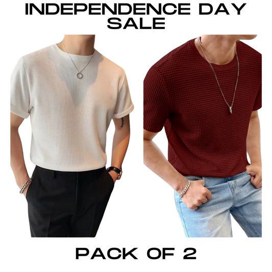STYLOPHY - INDEPENDENCE DAY SALE - Half Sleeves Waffle Knitted Tee - White & Maroon