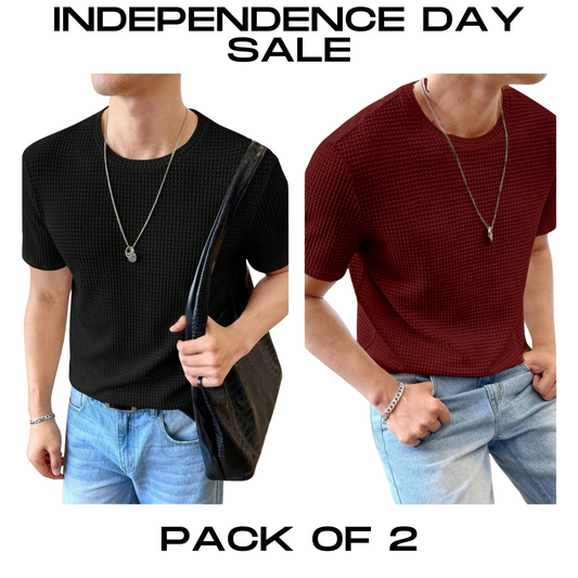STYLOPHY - INDEPENDENCE DAY SALE - Half Sleeves Waffle Knitted Tee - Black & Maroon
