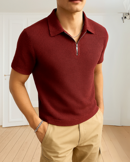 stylophy - Waffle Knitted Zipper Polo - maroon