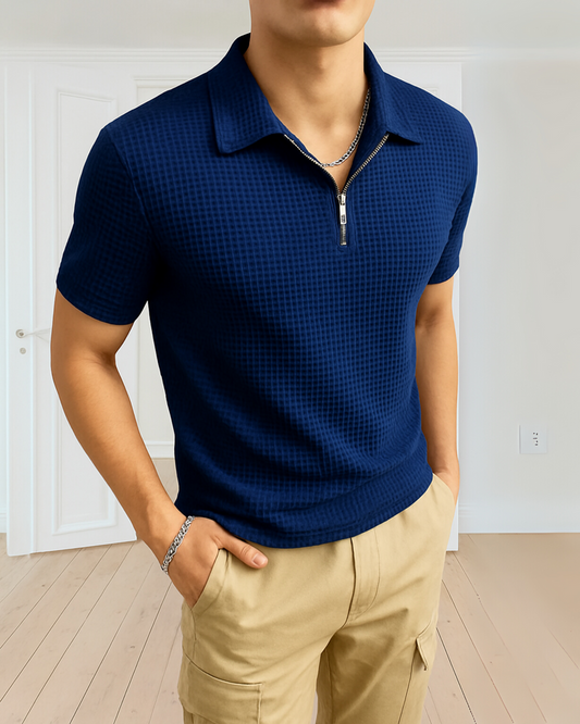 stylophy - Waffle Knitted Zipper Polo - Navy Blue