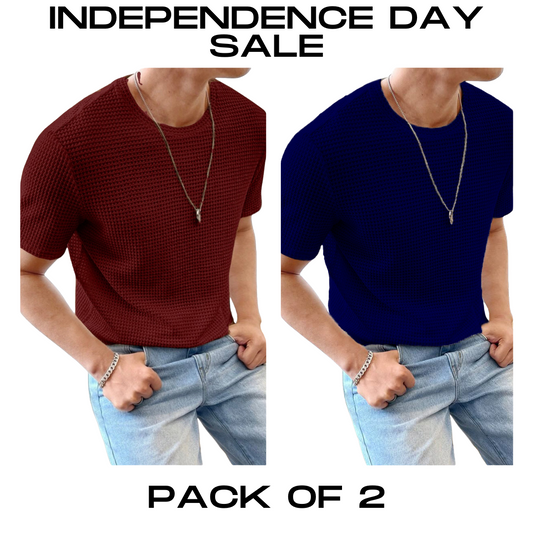 STYLOPHY - INDEPENDENCE DAY SALE - Half Sleeves Waffle Knitted Tee - Maroon & NavyBlue