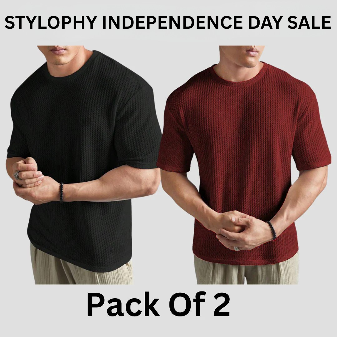 STYLOPHY - INDEPENDENCE DAY SALE - Oversized Waffle Knitted Tee For Men's - Po2 - Black & Maroon