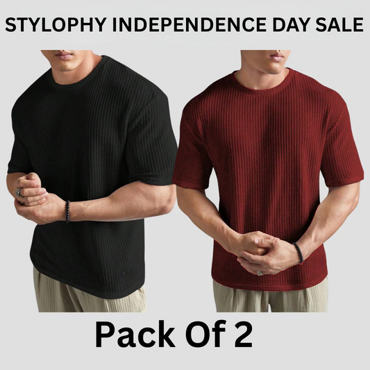 STYLOPHY - INDEPENDENCE DAY SALE - Oversized Waffle Knitted Tee For Men's - Po2 - Black & Maroon