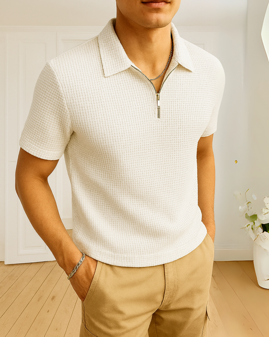 stylophy - Waffle Knitted Zipper Polo - White