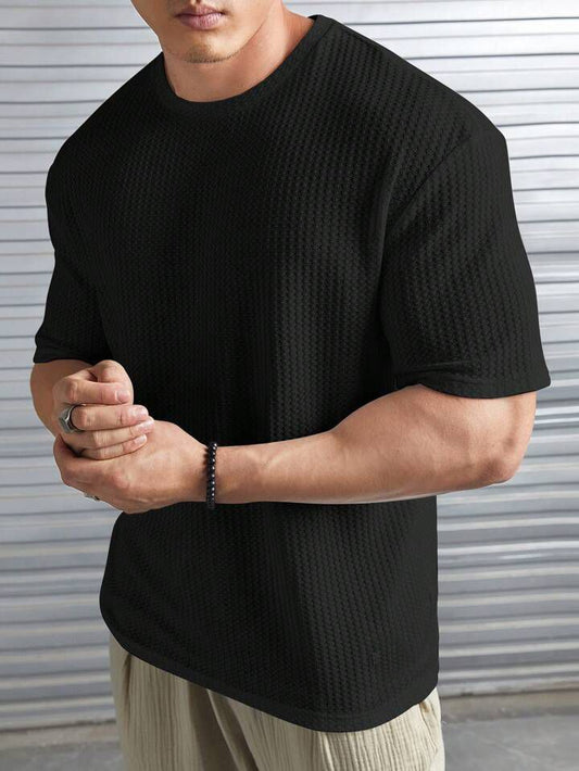 STYLOPHY - Oversized Waffle Knit Tee For Men - BLACK