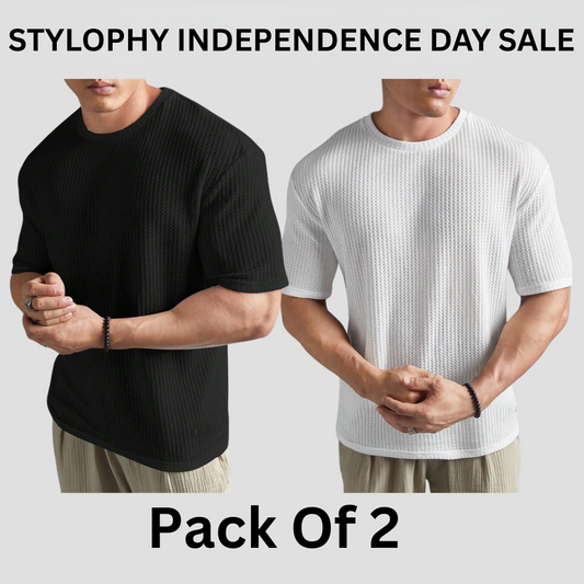 STYLOPHY - INDEPENDENCE DAY SALE - Oversized Waffle Knitted Tee For Men's - Po2 - Black & White