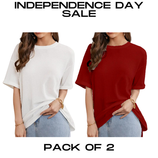 STYLOPHY - INDEPENDENCE DAY SALE - Waffle Knit Oversized Tee - Po2 - White & Maroon