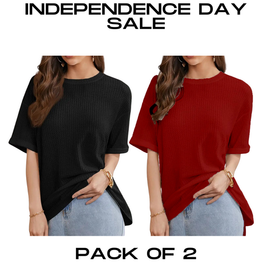 STYLOPHY - INDEPENDENCE DAY SALE - Waffle Knit Oversized Tee - Po2 - Black & Maroon