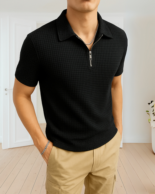 stylophy - Waffle Knitted Zipper Polo - Black