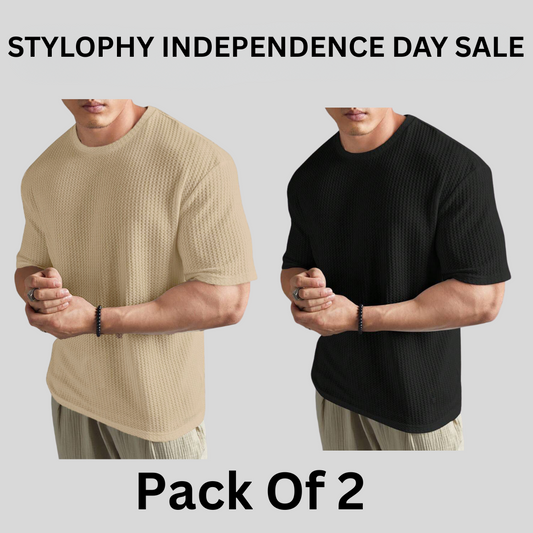 STYLOPHY - INDEPENDENCE DAY SALE - Oversized Waffle Knitted Tee For Men's - Po2 - Beige & Black