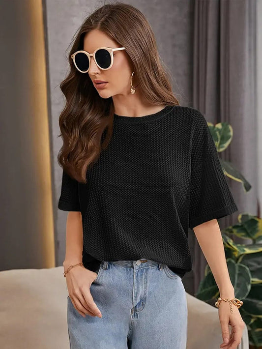 STYLOPHY - INDEPENDENCE DAY SALE - Premium Oversized Waffle Knitted Tee - Black