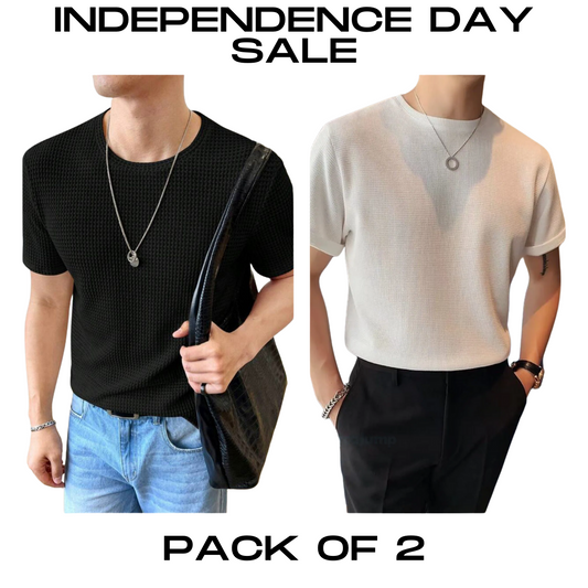 STYLOPHY - INDEPENDENCE DAY SALE - Half Sleeves Waffle Knitted Tee - Black & White