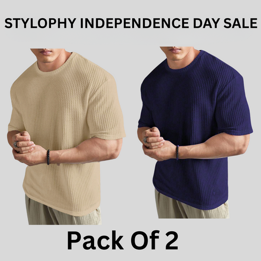 STYLOPHY - INDEPENDENCE DAY SALE - Oversized Waffle Knitted Tee For Men's - Po2 - Beige & NavyBlue