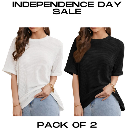 STYLOPHY - INDEPENDENCE DAY SALE - Waffle Knit Oversized Tee - Po2 - White & Black