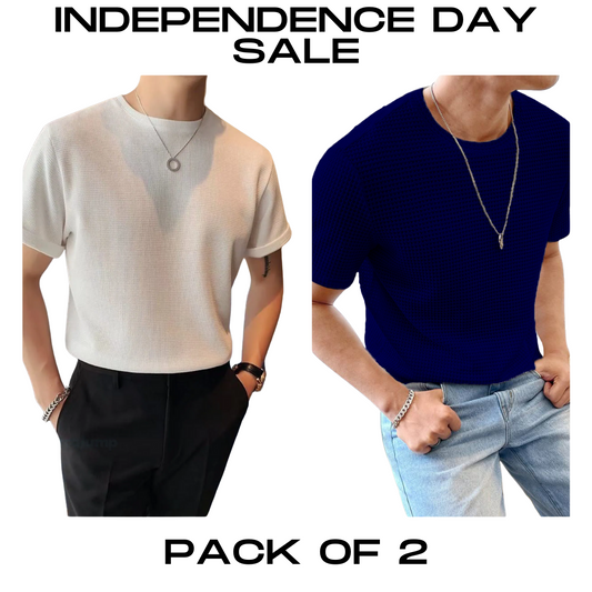 STYLOPHY - INDEPENDENCE DAY SALE - Half Sleeves Waffle Knitted Tee - White & NavyBlue