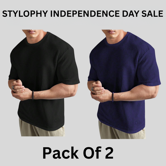 STYLOPHY - INDEPENDENCE DAY SALE - Oversized Waffle Knitted Tee For Men's - Po2 - Black & NavyBlue