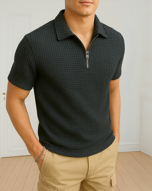 stylophy - Waffle Knitted Zipper Polo - Charcoal