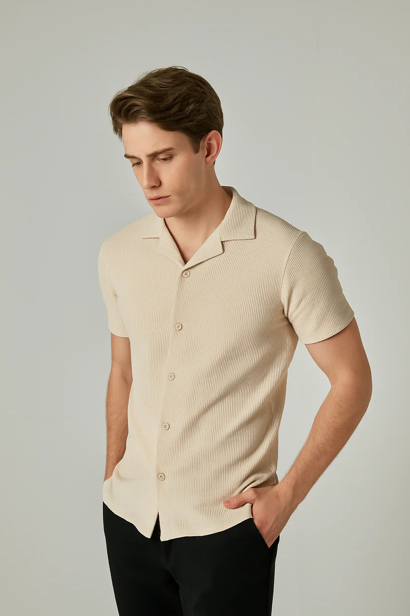 STYLOPHY - Cuban Collar Waffle Knitted Shirt - Beige