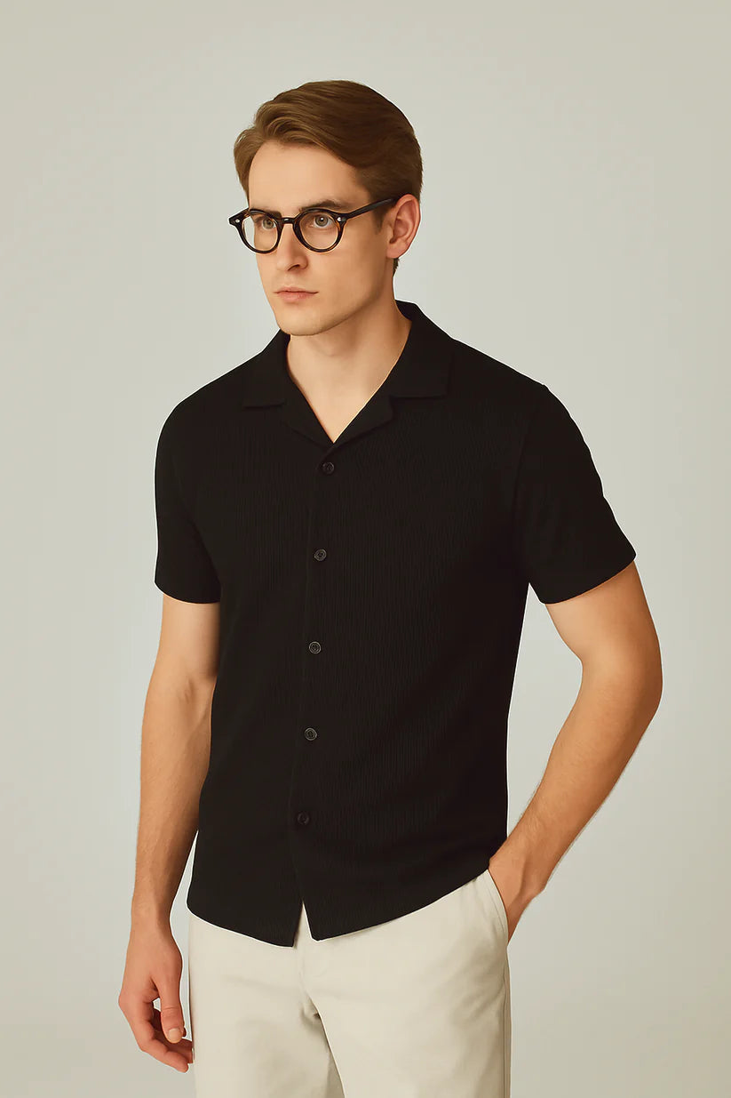 STYLOPHY - Cuban Collar Waffle Knitted Shirt - Black