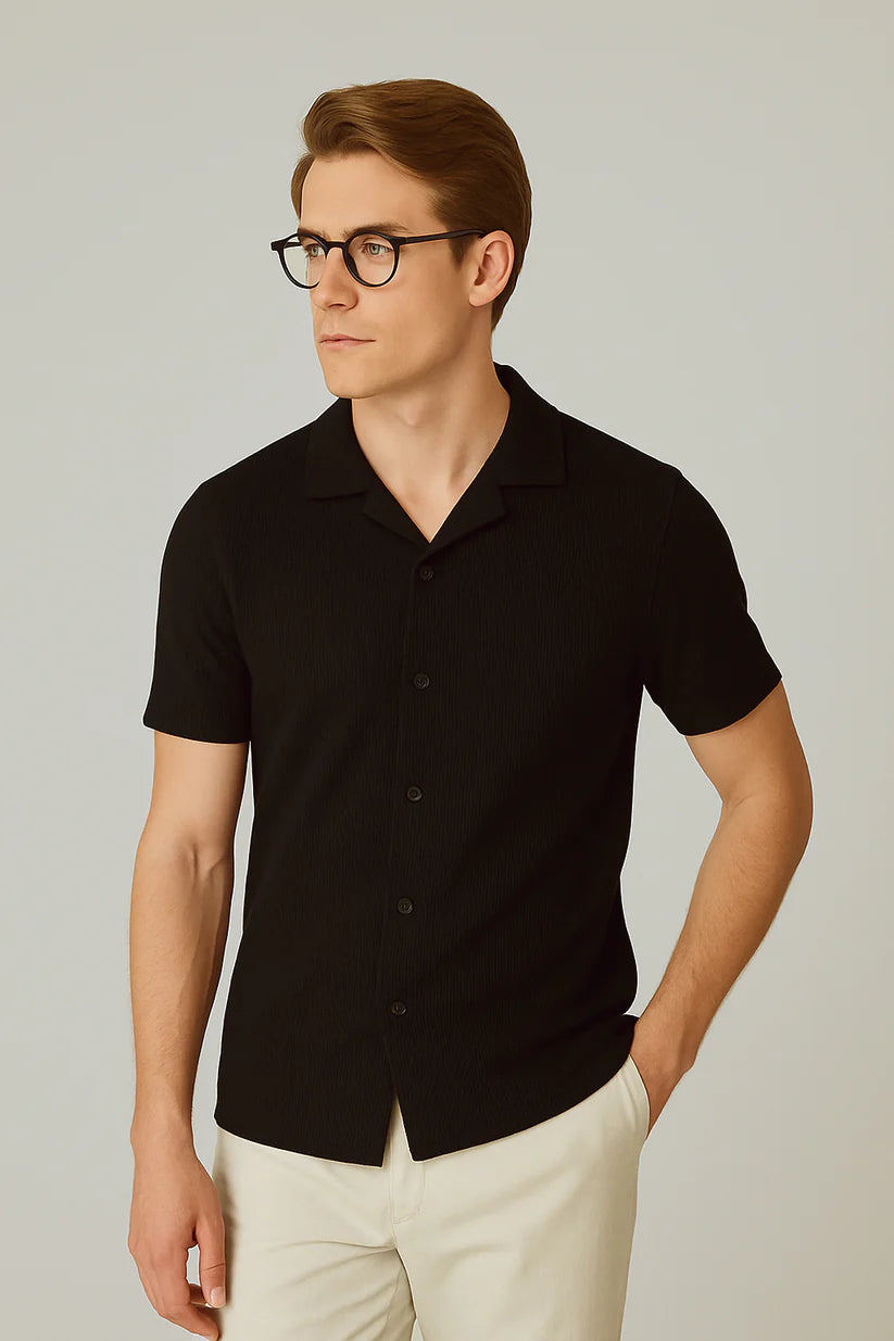 STYLOPHY - Cuban Collar Waffle Knitted Shirt - Black