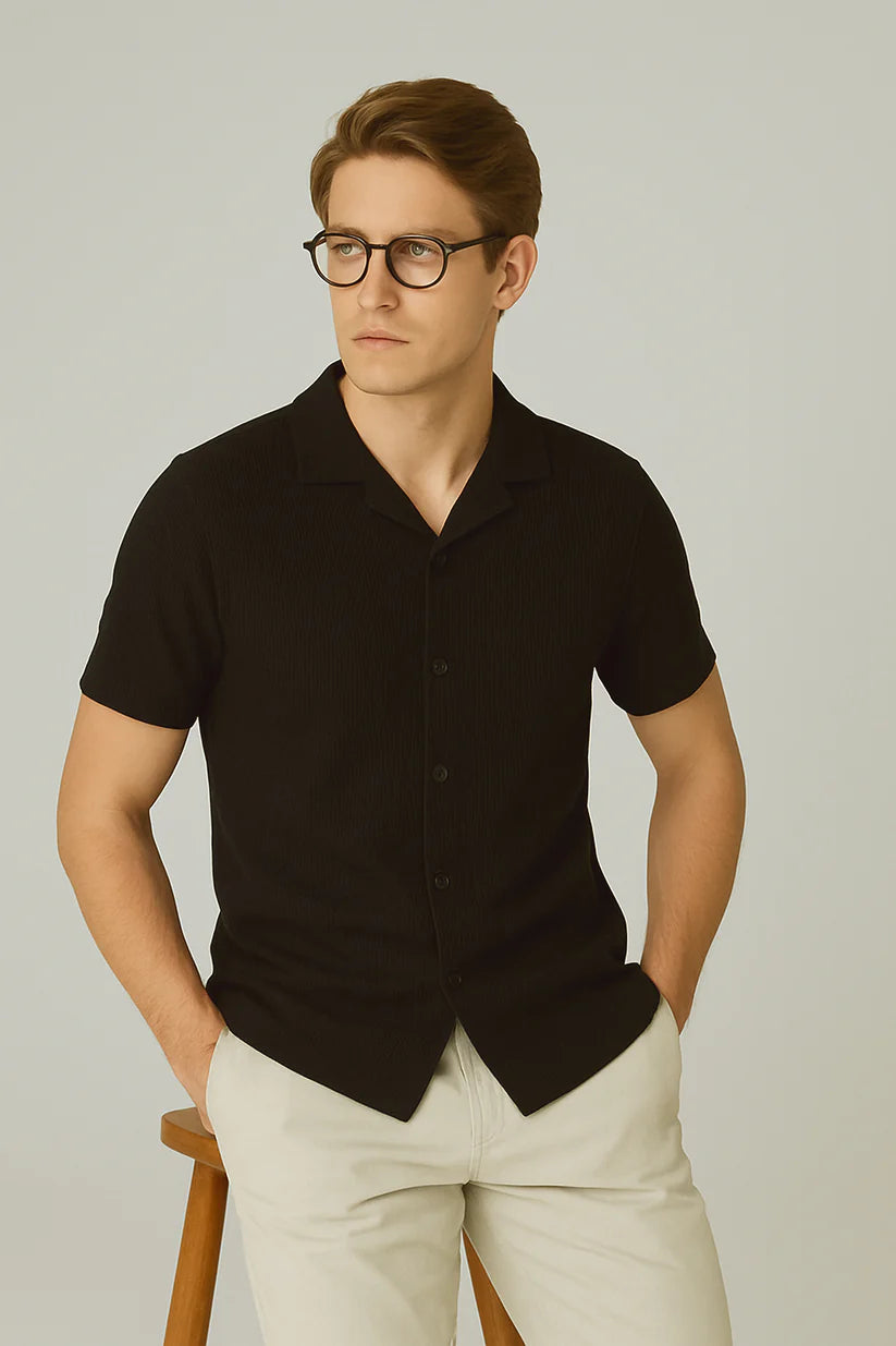 STYLOPHY - Cuban Collar Waffle Knitted Shirt - Black