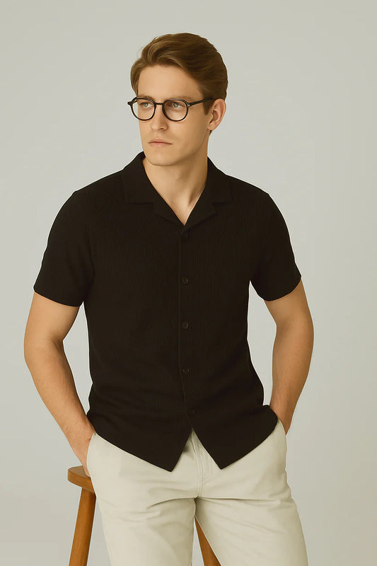 STYLOPHY - Cuban Collar Waffle Knitted Shirt - Black