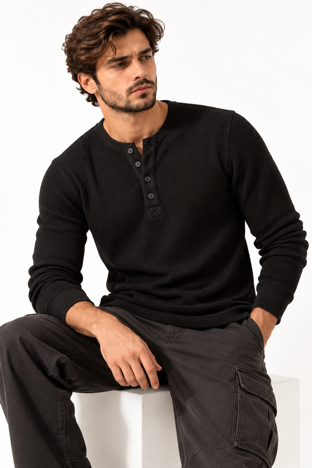 Waffle Knitted Henley Tee - Black