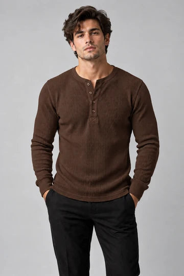 Waffle Knitted Henley Tee - Brown