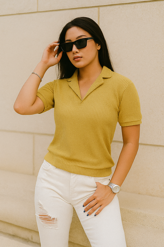 STYLOPHY - Waffle Knitted Polo For Women - Beige