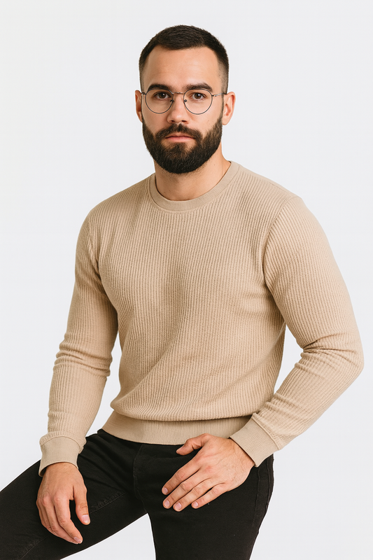 Premium Waffle Knitted Full Sleeves Tee - Beige