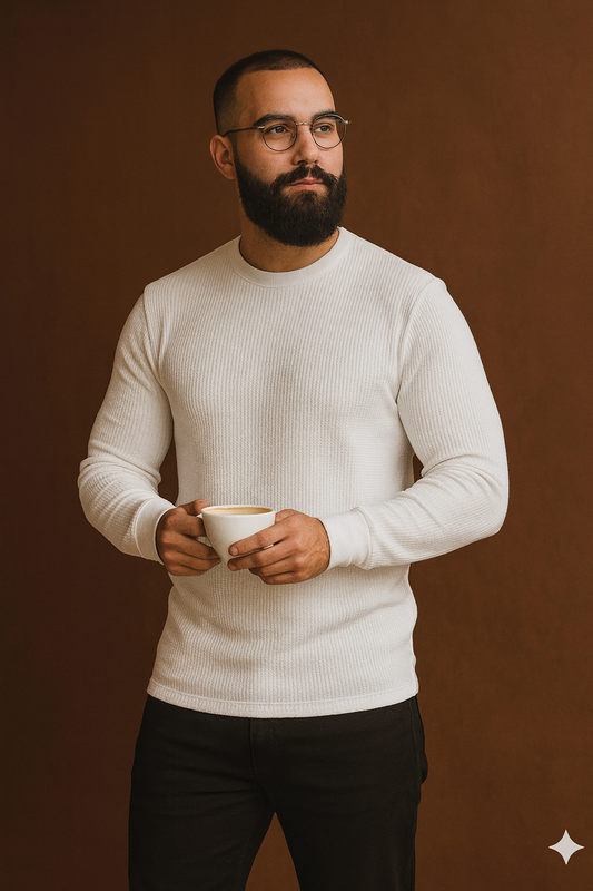 Premium Waffle Knitted Full Sleeves Tee - White