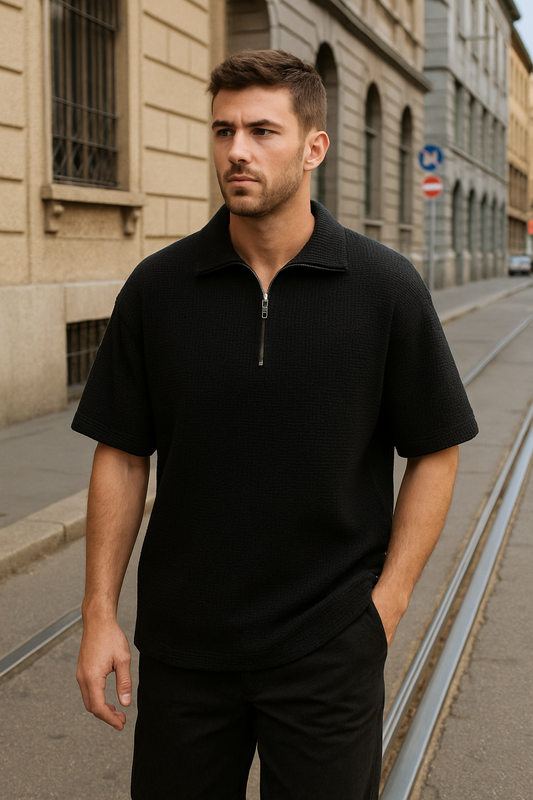 stylophy - Waffle Knitted Zipper Polo - Black
