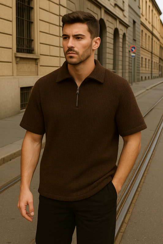 stylophy - Waffle Knitted Zipper Polo - Brown