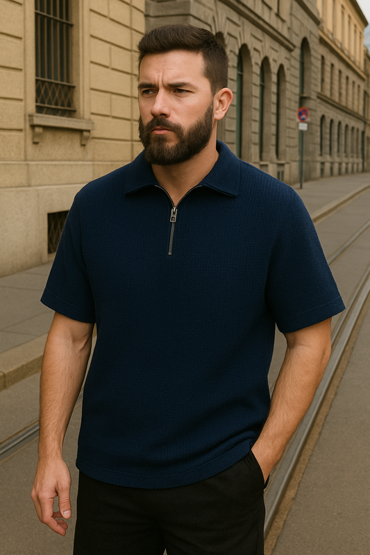 stylophy - Waffle Knitted Zipper Polo - Navy Blue
