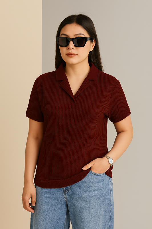 STYLOPHY - Waffle Knitted Polo For Women - Maroon