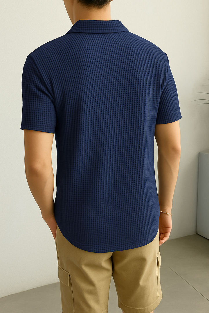 stylophy - Waffle Knitted Zipper Polo - Navy Blue