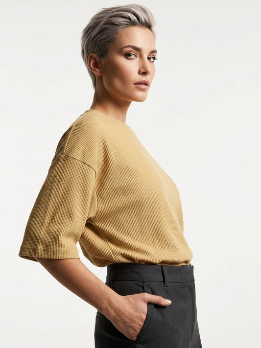 Premium Oversized Waffle Knitted Tee - Beige