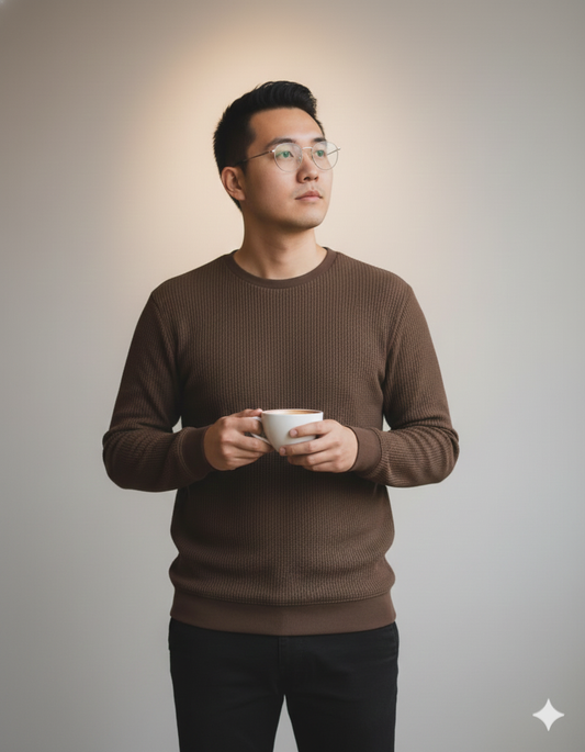Premium Waffle Knitted Full Sleeves Tee - Brown