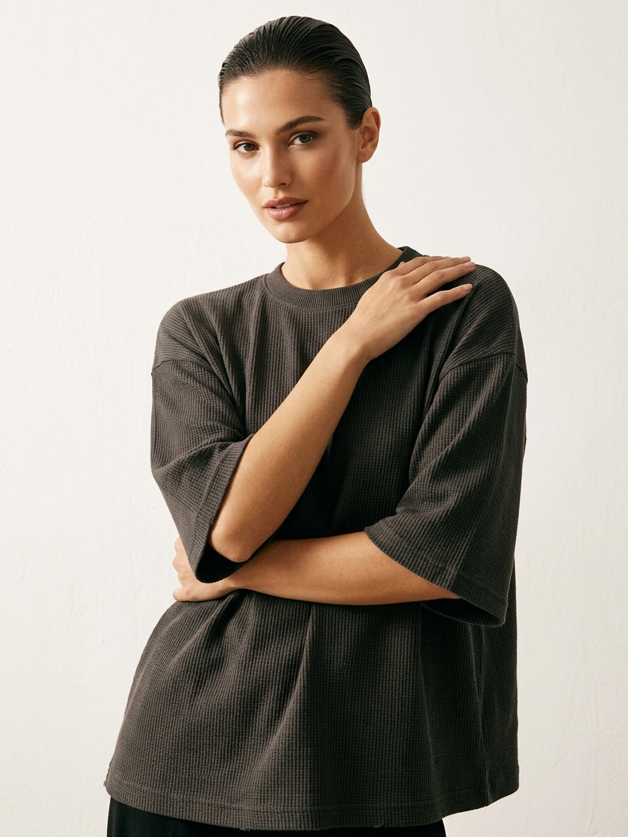 Premium Oversized Waffle Knitted Tee - Black