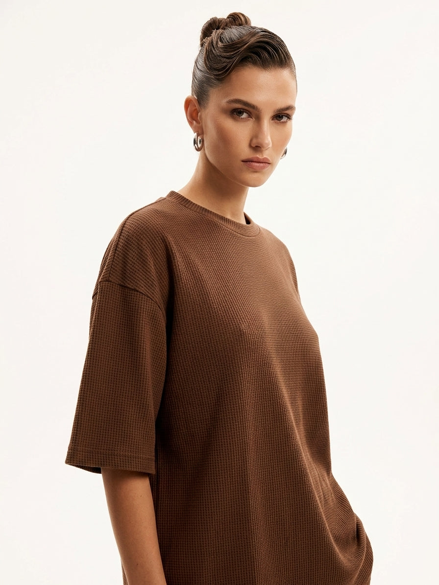Premium Oversized Waffle Knitted Tee - Brown