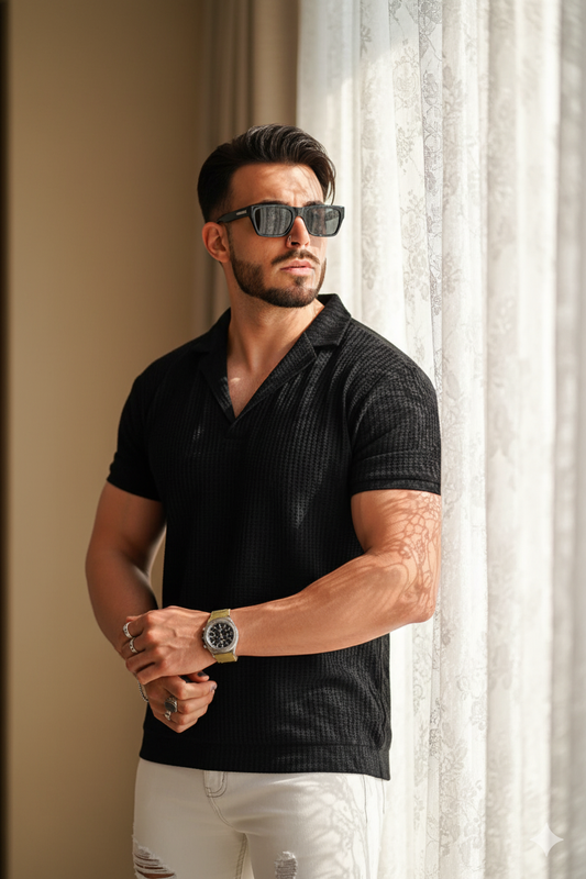 STYLOPHY - Premium Waffle Knitted Polo - Black