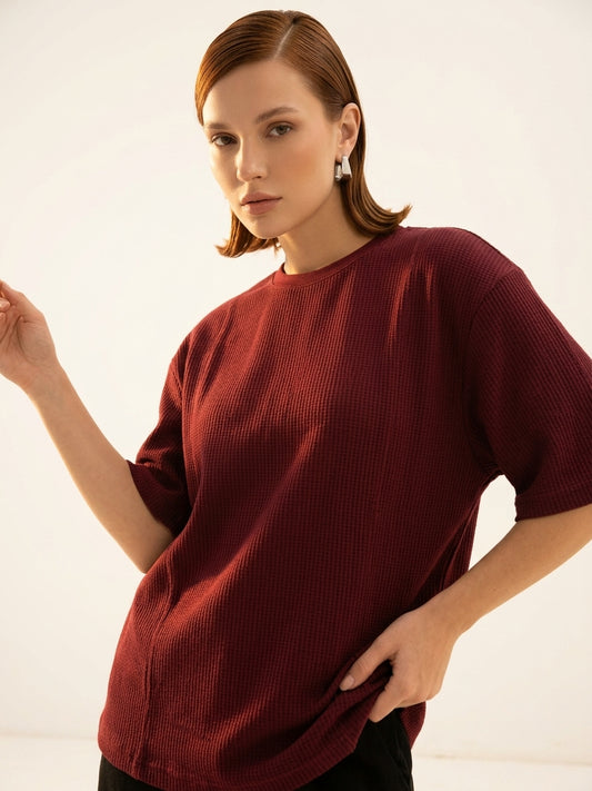 Premium Oversized Waffle Knitted Tee - Maroon