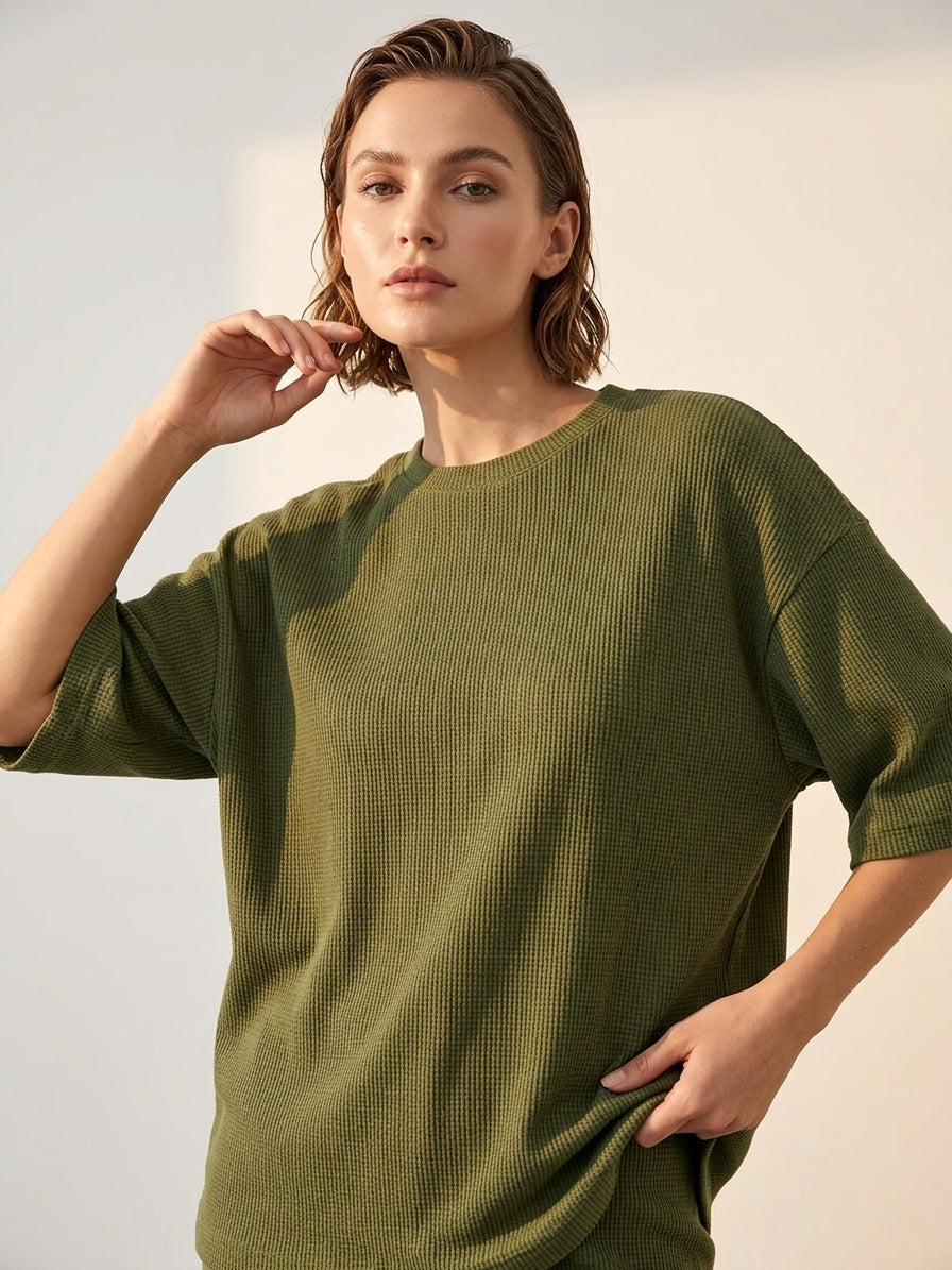 Premium Oversized Waffle Knitted Tee - Olive