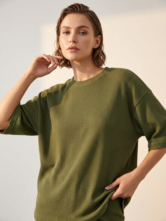 Premium Oversized Waffle Knitted Tee - Olive