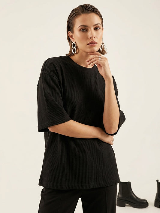 Premium Oversized Waffle Knitted Tee - Black